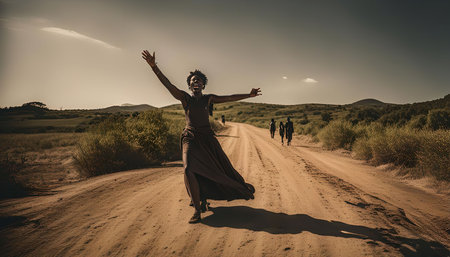 A black woman in a flowing dress walks down a dirt road with her arms outstretched in celebration.の写真素材