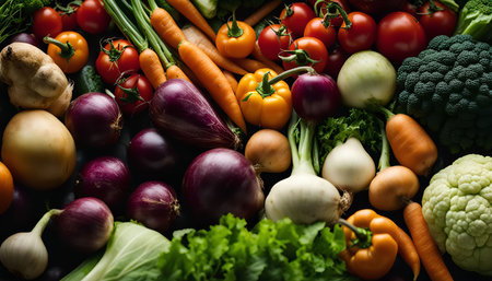 A colorful display of fresh vegetables including carrots, tomatoes, broccoli, cauliflower, onions, eggplant, ginger, garlic, and more.の写真素材