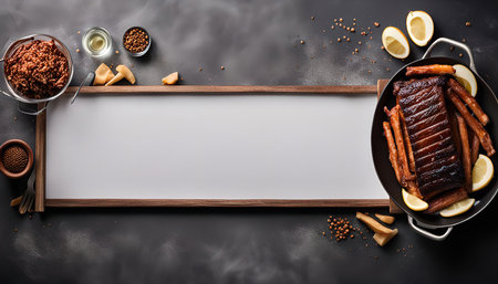 Smoked fish with lemon wedges and spices on black background with white wooden frame and wooden bowl...