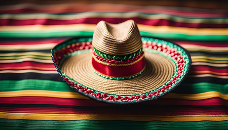 A traditional Mexican sombrero sits on a colorful striped blanket, highlighting the vibrant culture and festive atmosphere associated with Mexican celebrations.の写真素材
