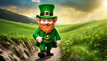 A happy leprechaun is walking on a path through a beautiful green field, with hills and a forest in the background. The sky is a beautiful sunset with clouds.の写真素材