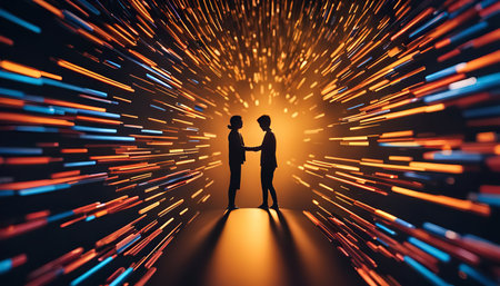 Silhouettes of two people standing in a tunnel of light, created with bright lines that seem to move...