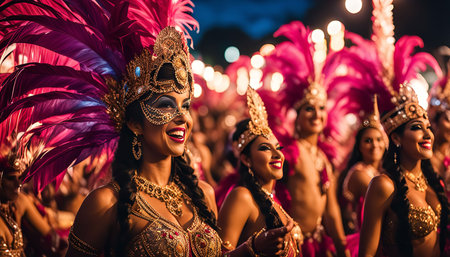 A vibrant and festive carnival parade with women in dazzling costumes and masks, celebrating a cultural tradition with joy and excitement.の写真素材