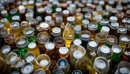A close-up image of a collection of various colorful bottles with metallic caps, forming a visually appealing abstract pattern.の写真素材