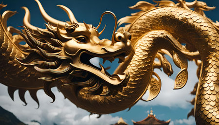 A closeup of a golden dragon statue, showing its intricate details and powerful presence. The statue is a symbol of strength, wisdom, and protection in Chinese culture.の写真素材