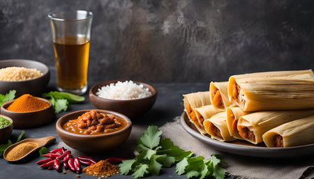 A plate of tamales with chili, rice, and beans, a delicious and traditional Mexican meal.の写真素材