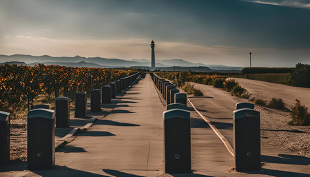 A long path leading towards a lighthouse with a field of grass on either side.の写真素材