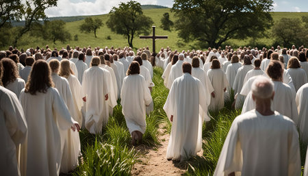 A large group of people dressed in white robes are walking in a field towards a wooden cross in the distance. The sky is blue and there are green trees in the background.の写真素材