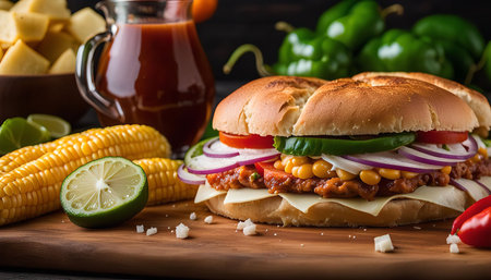 A close up shot of a delicious Mexican sandwich filled with tomatoes, onions, cheese, and chili peppers. The sandwich is resting on a wooden cutting board with corn, limes, and chili peppers in the background.の写真素材