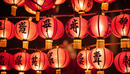 A collection of red Chinese lanterns illuminated in the night. The lanterns are glowing and creating a warm and festive atmosphere.の写真素材