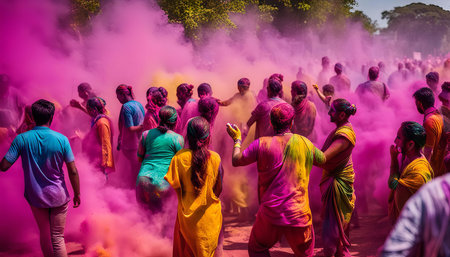 A group of people celebrating Holi festival with colorful powder and paint.の写真素材