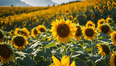 A picturesque field of sunflowers in full bloom, bathed in warm sunshine, showing the beauty of nature's vibrant colors.の写真素材