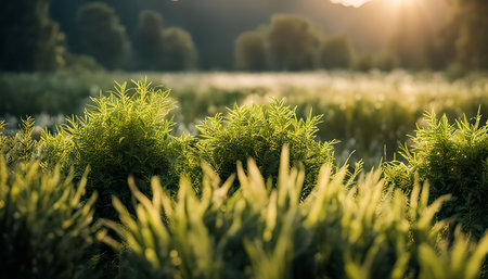 A close-up view of ferns bathed in golden sunlight, creating a serene and vibrant scene in a lush meadow.の写真素材