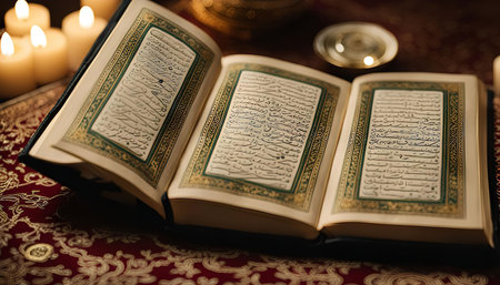 A close-up image of an open Quran book revealing beautiful Arabic calligraphy. The book is illuminated by candles, highlighting the intricate details of the script.の写真素材