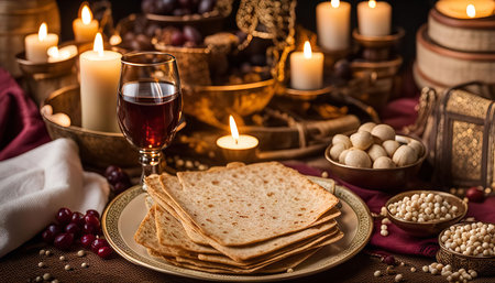 A beautifully arranged Passover Seder table with matzah, wine, and candles, symbolizing the Jewish holiday's traditions and celebrations.の写真素材