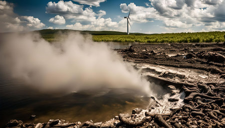 A geothermal spring erupting in a muddy area with a wind turbine in the backgroundの写真素材