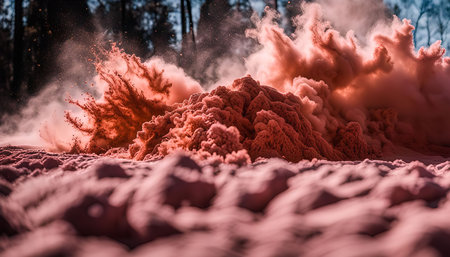 A burst of red snow creates a dramatic cloud, frozen in time against a backdrop of winter.の写真素材