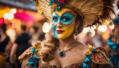 A woman wearing a colorful carnival costume and mask. She is smiling and looking at the camera. The costume is decorated with feathers, jewels, and gold. The photo was taken during a carnival celebration.の写真素材