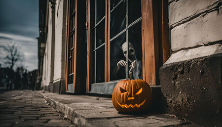A carved pumpkin sits on the sidewalk in front of a building with a spooky skeleton peering out of a window. The scene is perfect for Halloween.の写真素材