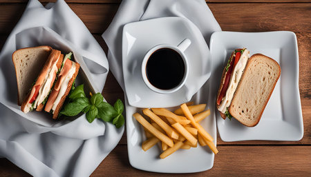 A flat lay photo of a delicious sandwich lunch with a cup of coffee. The sandwich is filled with cheese, tomato and lettuce and is served with French fries.の写真素材