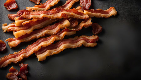 A close up of crispy bacon strips on a dark surface.の写真素材