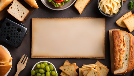 Top view of a delicious sandwich with toasted bread, cheese, grapes, and other ingredients, arranged on a dark background.の写真素材