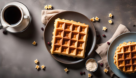 Close up of two crispy waffles and a cup of coffee on a gray surface with a few small star-shaped cookies sprinkled aroundの写真素材