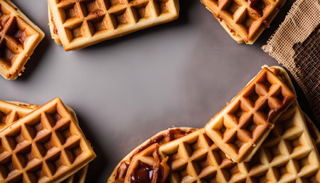 A close-up, overhead shot of a group of freshly baked waffles arranged on a gray background. The waffles are golden brown and crispy, and their square grid pattern creates a pleasing visual texture.の写真素材