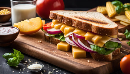 A mouthwatering close-up of a grilled cheese sandwich loaded with cheese, red onion, and basil, resting on a wooden cutting board.の写真素材