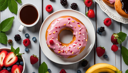A pink iced donut with sprinkles sitting on a white plate surrounded by fresh fruit, including strawberries, raspberries, blueberries, and blackberries. A cup of coffee and a banana are also in the image.の写真素材
