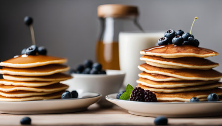 Close up of two stacks of delicious golden pancakes topped with fresh blueberries and drizzled with syrup.の写真素材