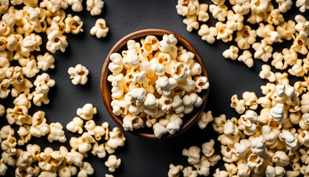 A bowl of popcorn on a black surface. The popcorn is white and fluffy and looks delicious. The background is dark, making the popcorn stand out.の写真素材