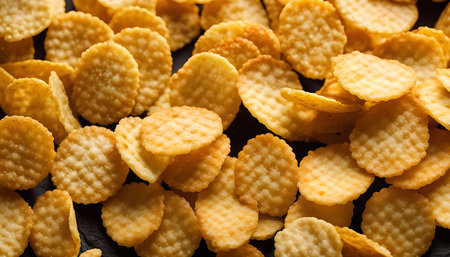 A close-up image of crispy rice crackers, showing their golden color, textured surface, and appealing round shape.の写真素材