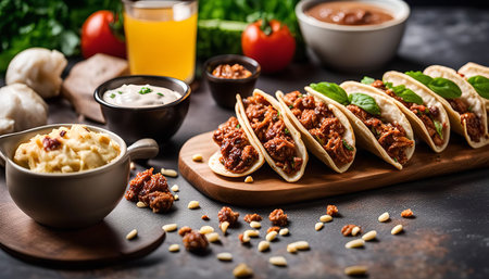 A mouthwatering spread of tacos with a variety of toppings, including salsa, sour cream, and hummus. The tacos are served on a wooden tray and garnished with fresh basil.の写真素材