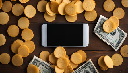 A smartphone, a pile of crackers, and a few dollar bills laid on a wooden table. The phone has a black screen and the crackers are arranged in a circle around the phone.の写真素材