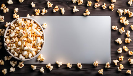 A bowl of popcorn with a blank space in the center on a wooden tableの写真素材