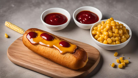 A close-up shot of a corn dog with mustard, ketchup, and corn kernels on a wooden cutting board. The image is a great example of a delicious and easy-to-make snack.の写真素材