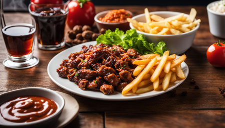 A close-up shot of a delicious meal featuring grilled meat, French fries, and a vibrant red sauce. The meal is served on a white plate and photographed on a rustic wooden table.の写真素材