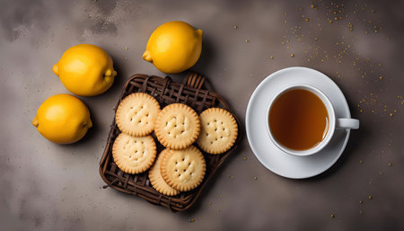 A close-up still life of lemons, a cup of tea, and a basket of cookies on a rustic brown surface. The image is composed in a flat lay style with a focus on the light and warmth of the scene.の写真素材