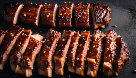 Close up shot of sliced, sesame-glazed pork tenderloin on a black surface, ready to be served.の写真素材