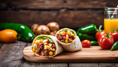 A close-up of a delicious burrito filled with meat, cheese, corn, and vegetables on a wooden cutting board. The burrito is surrounded by fresh vegetables like tomatoes, peppers, and jalapenos.の写真素材
