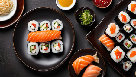 Close-up of a sushi platter with a variety of rolls, including salmon, cucumber, and avocado. The sushi is arranged on a black plate and is surrounded by other Japanese culinary items like soy sauce, ginger and wasabi.の写真素材