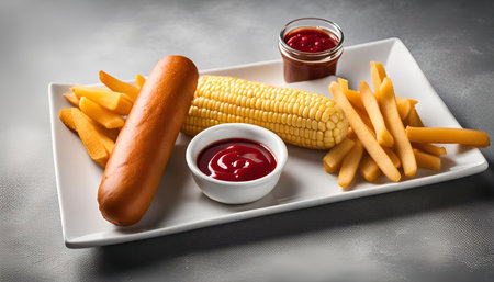 A classic American fast food meal on a white plate, featuring a hot dog, corn on the cob, French fries, and a small bowl of ketchup for dipping.の写真素材