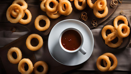 A close-up of a plate of fried onion rings with a cup of hot chocolate. The onion rings are golden brown and crispy, and the chocolate is rich and decadent. The photo is taken from an overhead angle, showing the food in all its glory.の写真素材