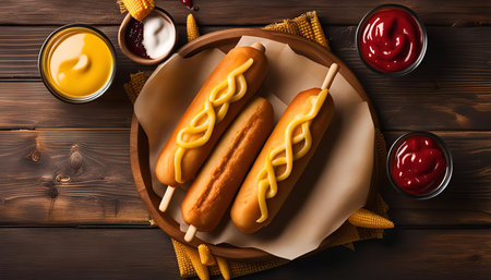 Three golden brown corn dogs with mustard and ketchup on a wooden table. The corn dogs are placed on a plate, and the mustard and ketchup are in bowls.の写真素材