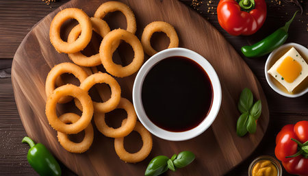 Overhead shot of onion rings on a wooden plate with a bowl of dip and vegetables. The onion rings are crispy and delicious, and the dip looks creamy and flavorful. The vegetables are colorful and add a pop of freshness to the plate. It's a perfect snack or appetizer for any occasion.の写真素材