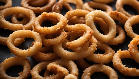 A close-up shot of a pile of crispy fried onion rings, showing their golden-brown color and textured surface.の写真素材