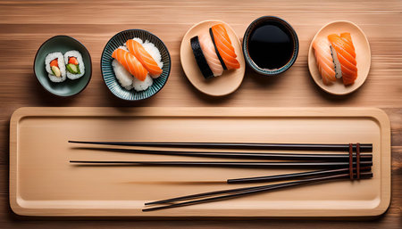 A top view of a sushi set with chopsticks and soy sauce on a wooden table.の写真素材