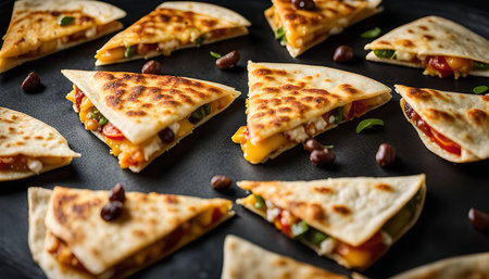 A close-up shot of a black plate with a collection of quesadillas, each one filled with savory ingredients like cheese, black beans, tomatoes, and cilantro. The quesadillas are perfectly golden brown and crispy, creating a delicious appetizer or snack.の写真素材