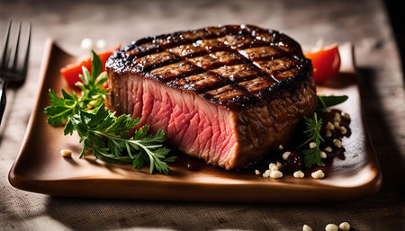 A close-up of a perfectly grilled steak on a wooden plate, garnished with fresh herbs and tomatoes. The steak is juicy and flavorful, with a delicious crust.の写真素材